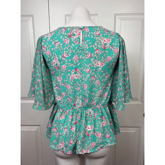 L'ayard Floral Boho Peplum Top Green Blouse Size Medium - Picture 3 of 7